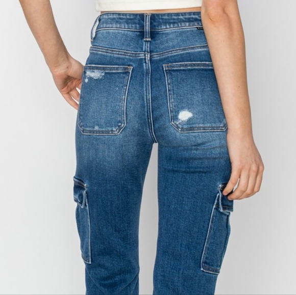 RISEN Retro 90 Cargo High-Rise Distressed Rolled Ankle Denim Jeans Utility Pants - Picture 5 of 15